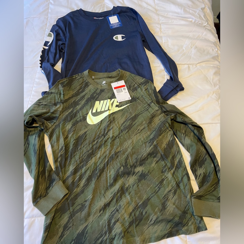 Nike Olive Green & Champion Navy Blue Long Sleeve Tee Cotton NWT NEW Boys